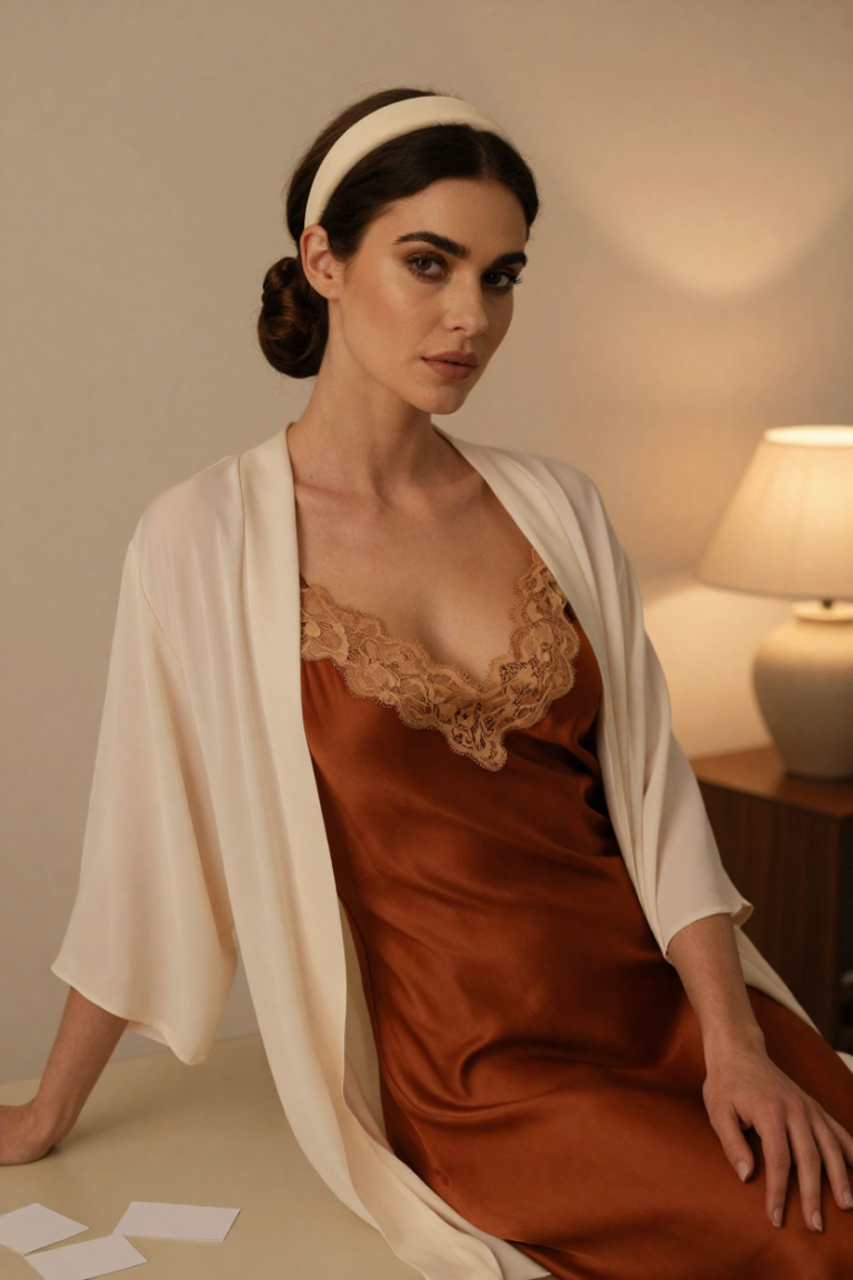 ChuhaiKit muse in a rust silk slip dress seated at a desk with blank cards and a ceramic lamp